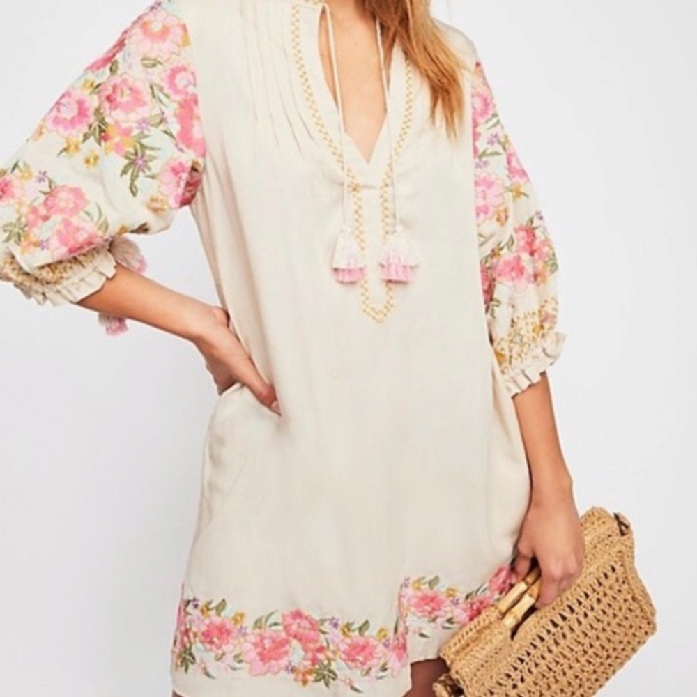 Spell Cream Tie Front Mini Dress with Bishop Sleeves